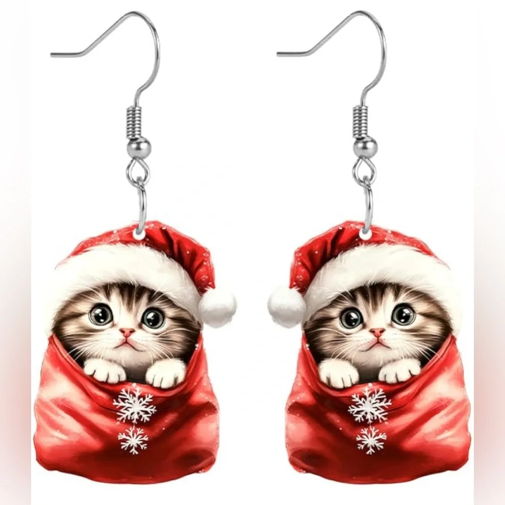 Cute Christmas Cat Santa Hat Stocking Flat Acrylic Dangle Drop Earrings